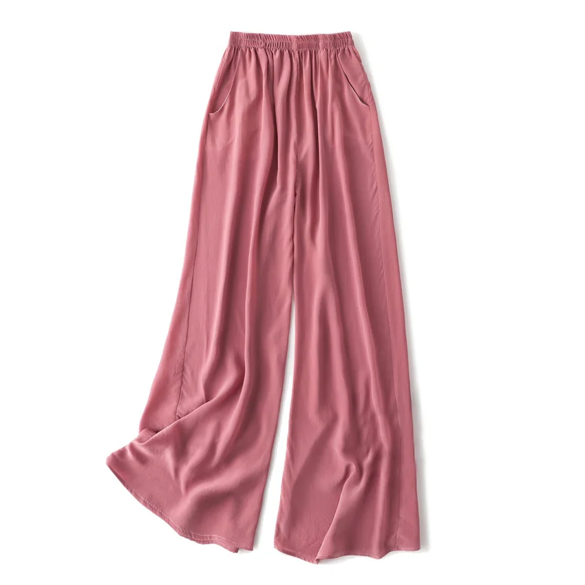 SuyaDream Women Wide Leg Pants 100%Real Silk Solid Elastic Waisted Ankle-length 2025 Office Spring Autumn Chic Trousers Black