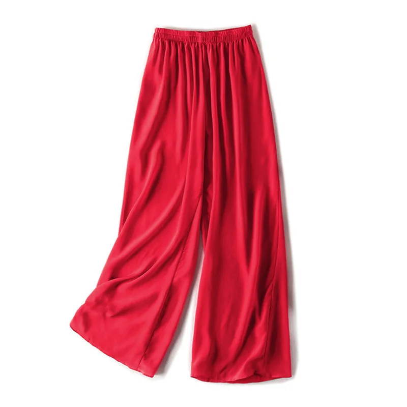 SuyaDream Women Wide Leg Pants 100%Real Silk Solid Elastic Waisted Ankle-length 2025 Office Spring Autumn Chic Trousers Black