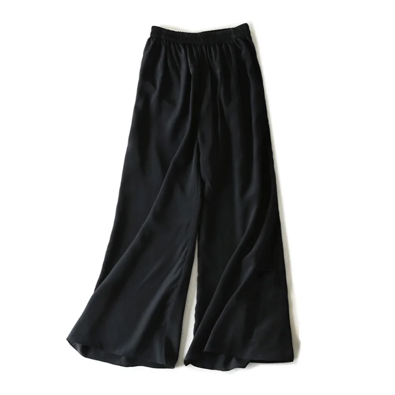 SuyaDream Women Wide Leg Pants 100%Real Silk Solid Elastic Waisted Ankle-length 2025 Office Spring Autumn Chic Trousers Black