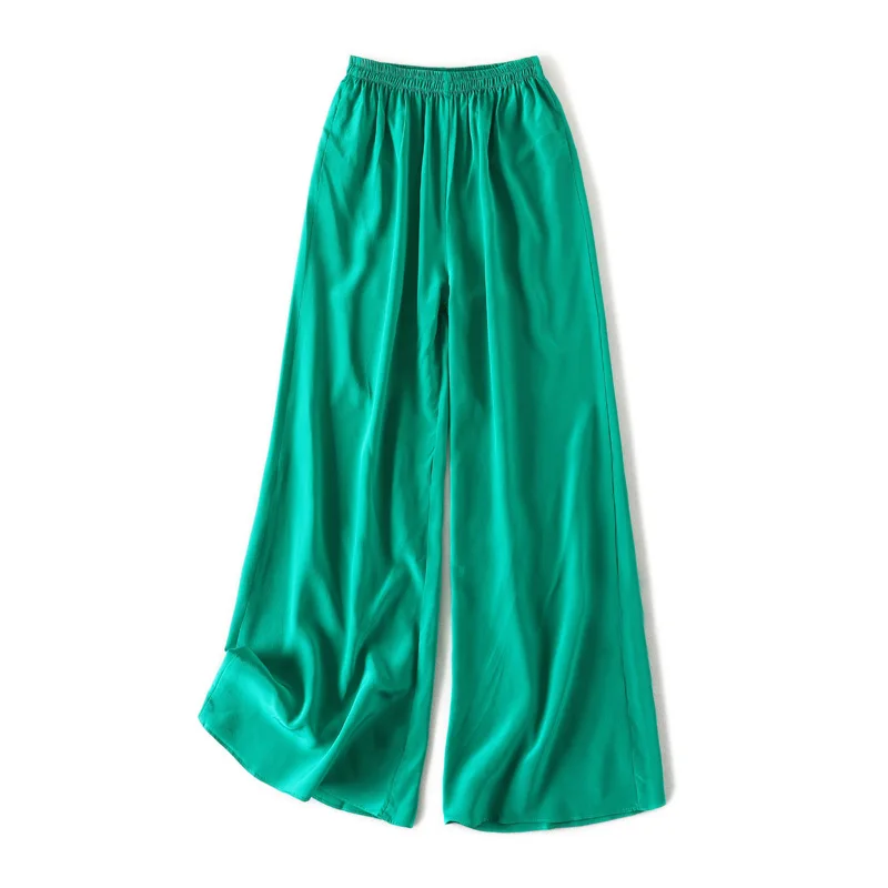 SuyaDream Women Wide Leg Pants 100%Real Silk Solid Elastic Waisted Ankle-length 2025 Office Spring Autumn Chic Trousers Black