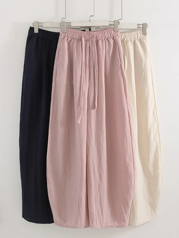 KarSaNy Summer Lyocell Wide Leg Pants Women Baggy High Waist Pink Thin Loose Long Navy Blue Linen Pants Women Summer Trousers