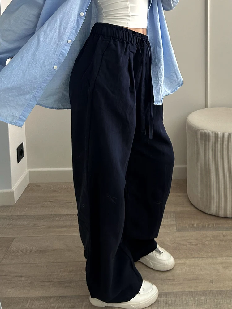 KarSaNy Summer Lyocell Wide Leg Pants Women Baggy High Waist Pink Thin Loose Long Navy Blue Linen Pants Women Summer Trousers