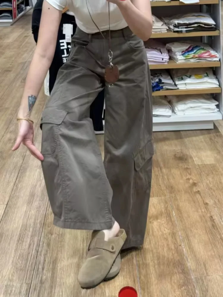 Fashion High Waist Straight Leg Workwear Trousers Women's Spring Autumn Casual American Style Multiple Pockets Loose Fit Wide Le
