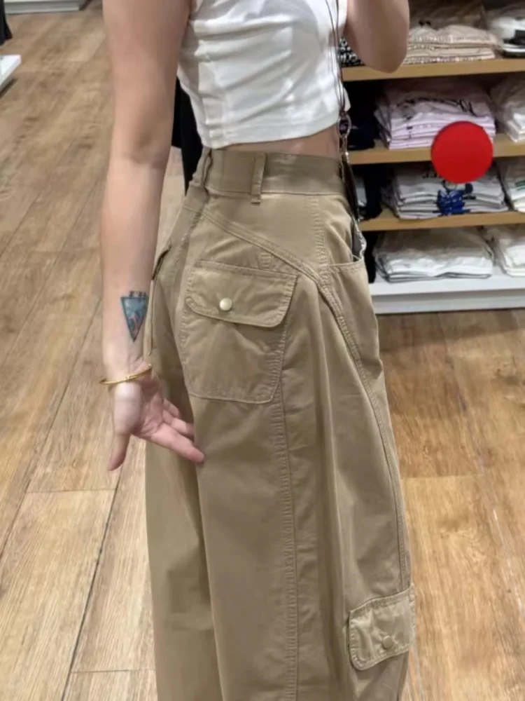 Fashion High Waist Straight Leg Workwear Trousers Women's Spring Autumn Casual American Style Multiple Pockets Loose Fit Wide Le