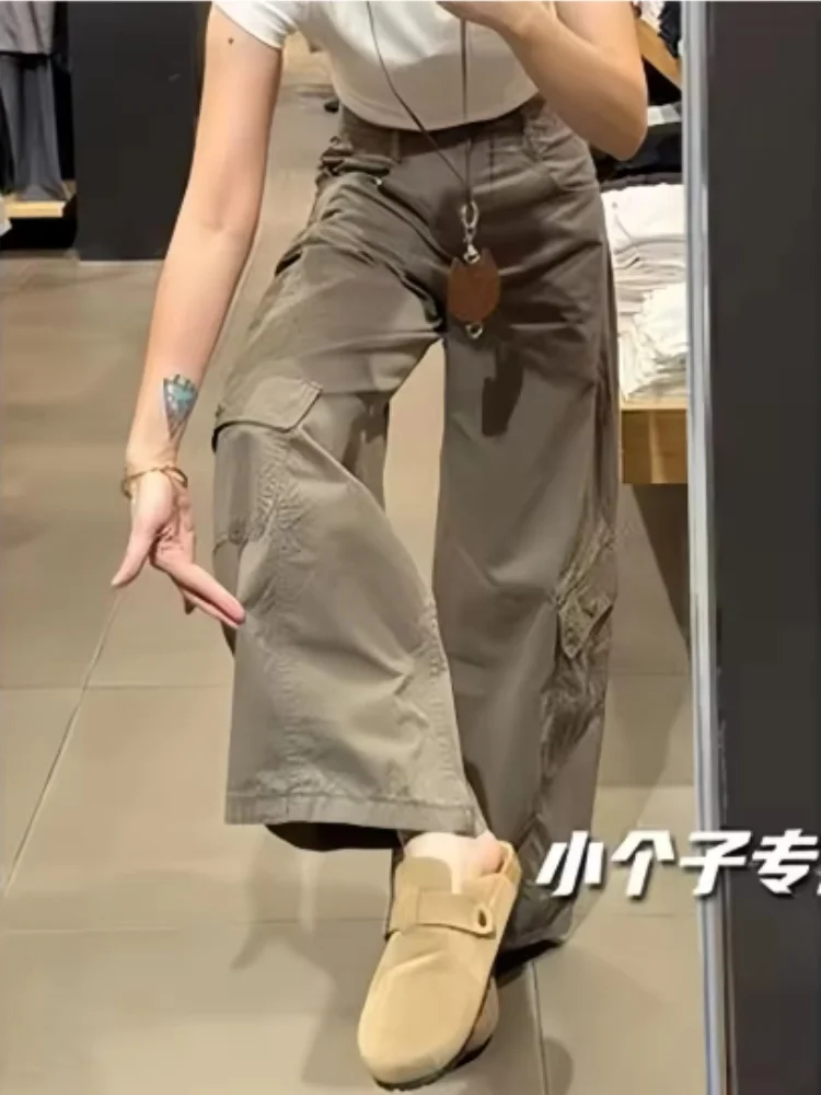Fashion High Waist Straight Leg Workwear Trousers Women's Spring Autumn Casual American Style Multiple Pockets Loose Fit Wide Le