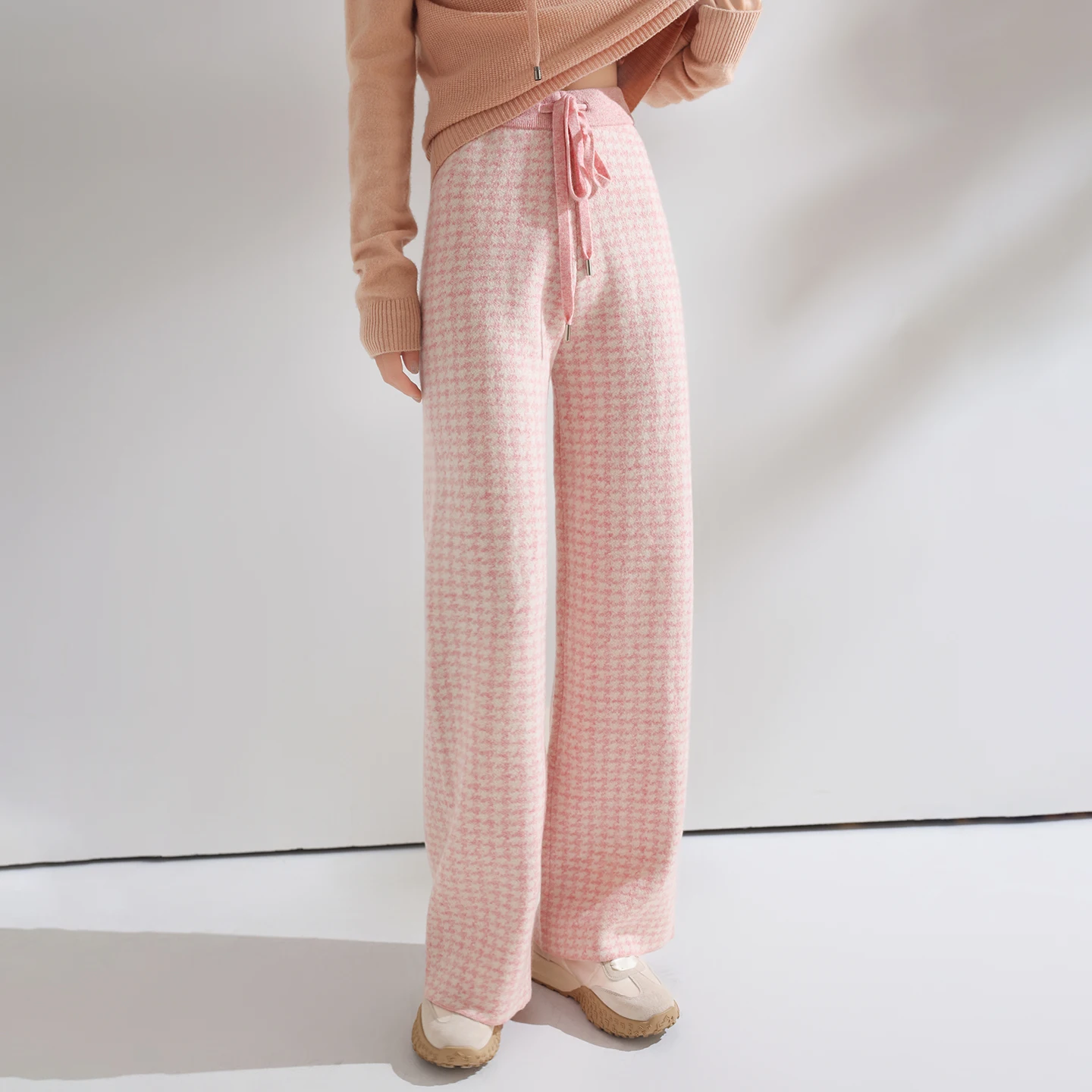Women Wool Wide Leg Pants Elastic Waist Houndstooth Pattern Trousers Autumn Winter 100% Merino Wool Trousers Knit Soft Warm Pant