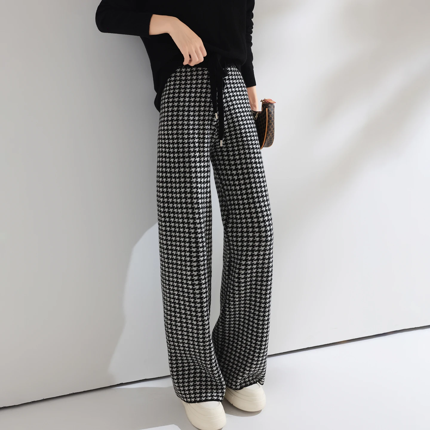 Women Wool Wide Leg Pants Elastic Waist Houndstooth Pattern Trousers Autumn Winter 100% Merino Wool Trousers Knit Soft Warm Pant