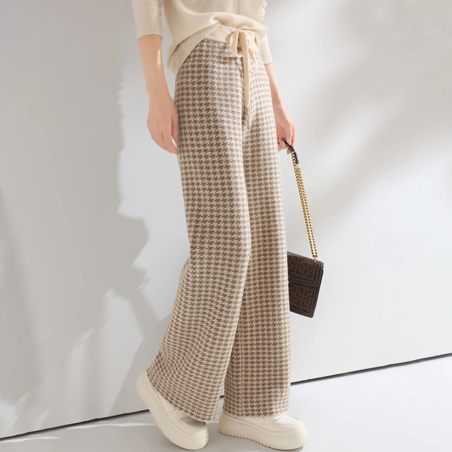 Women Wool Wide Leg Pants Elastic Waist Houndstooth Pattern Trousers Autumn Winter 100% Merino Wool Trousers Knit Soft Warm Pant