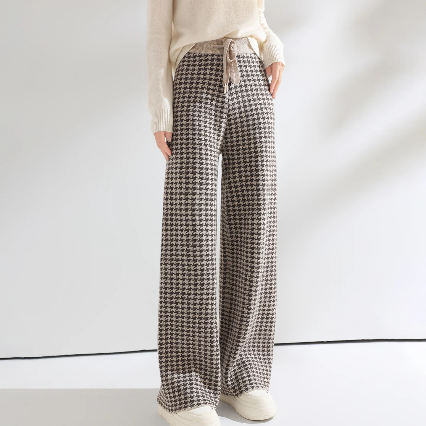 Women Wool Wide Leg Pants Elastic Waist Houndstooth Pattern Trousers Autumn Winter 100% Merino Wool Trousers Knit Soft Warm Pant