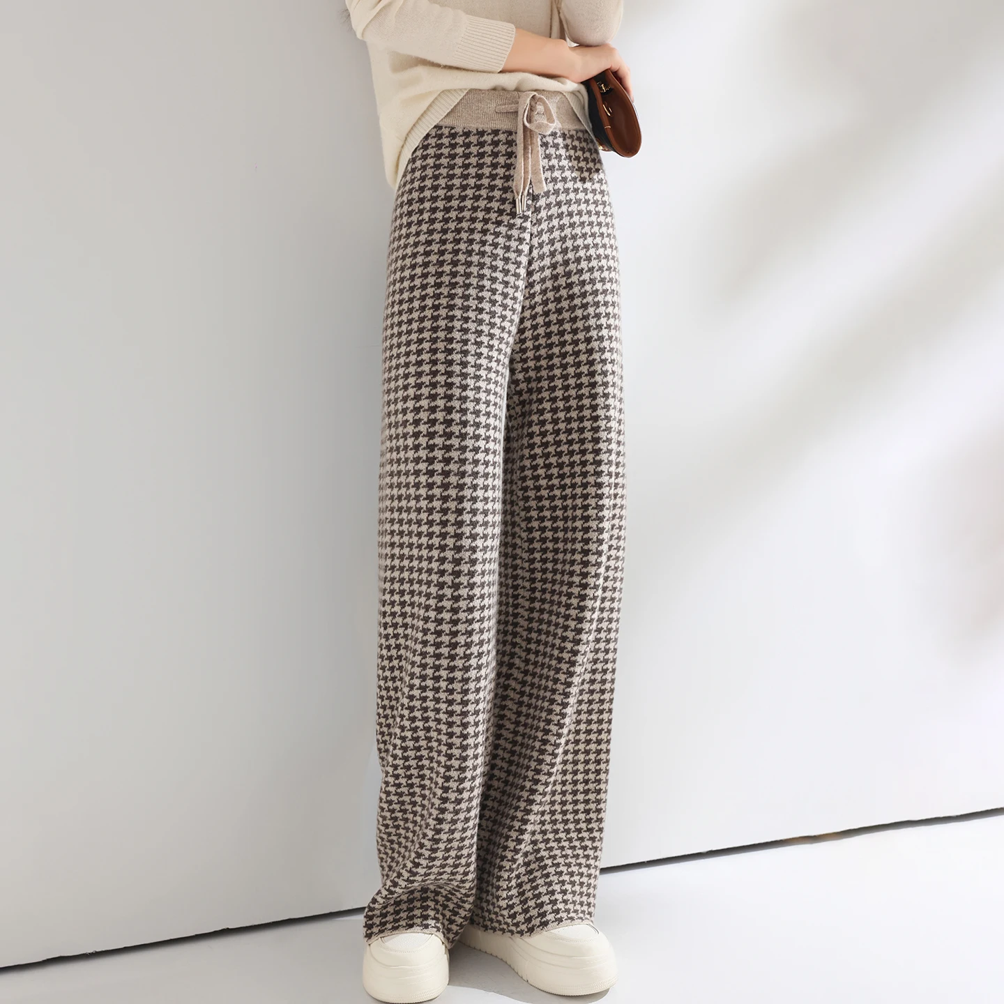 Women Wool Wide Leg Pants Elastic Waist Houndstooth Pattern Trousers Autumn Winter 100% Merino Wool Trousers Knit Soft Warm Pant