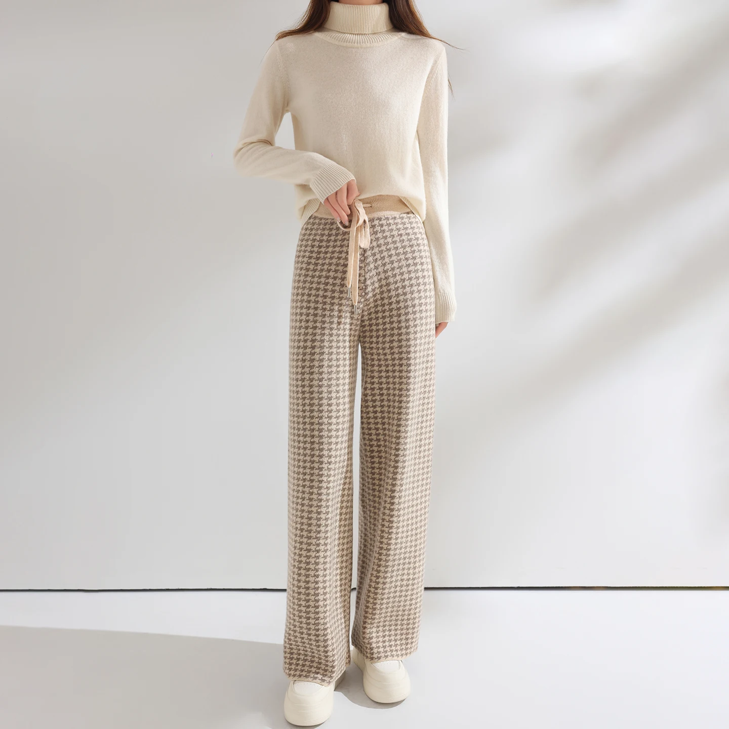 Women Wool Wide Leg Pants Elastic Waist Houndstooth Pattern Trousers Autumn Winter 100% Merino Wool Trousers Knit Soft Warm Pant