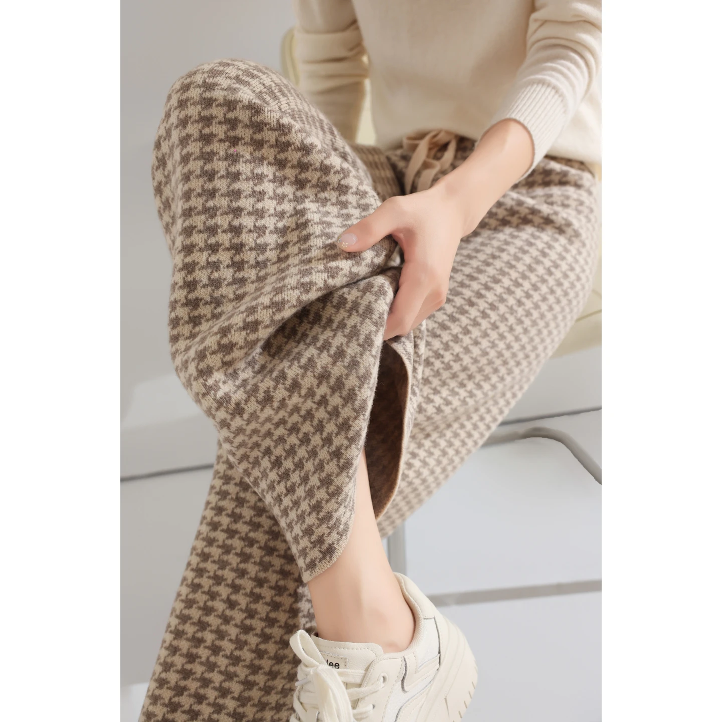 Women Wool Wide Leg Pants Elastic Waist Houndstooth Pattern Trousers Autumn Winter 100% Merino Wool Trousers Knit Soft Warm Pant