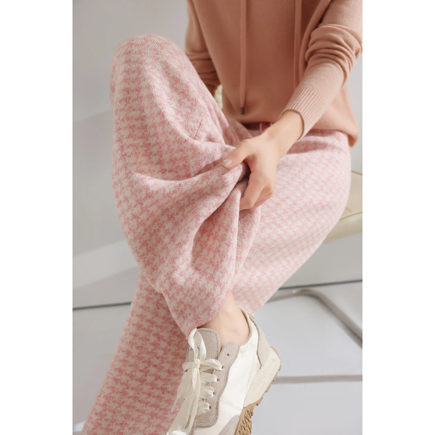 Women Wool Wide Leg Pants Elastic Waist Houndstooth Pattern Trousers Autumn Winter 100% Merino Wool Trousers Knit Soft Warm Pant