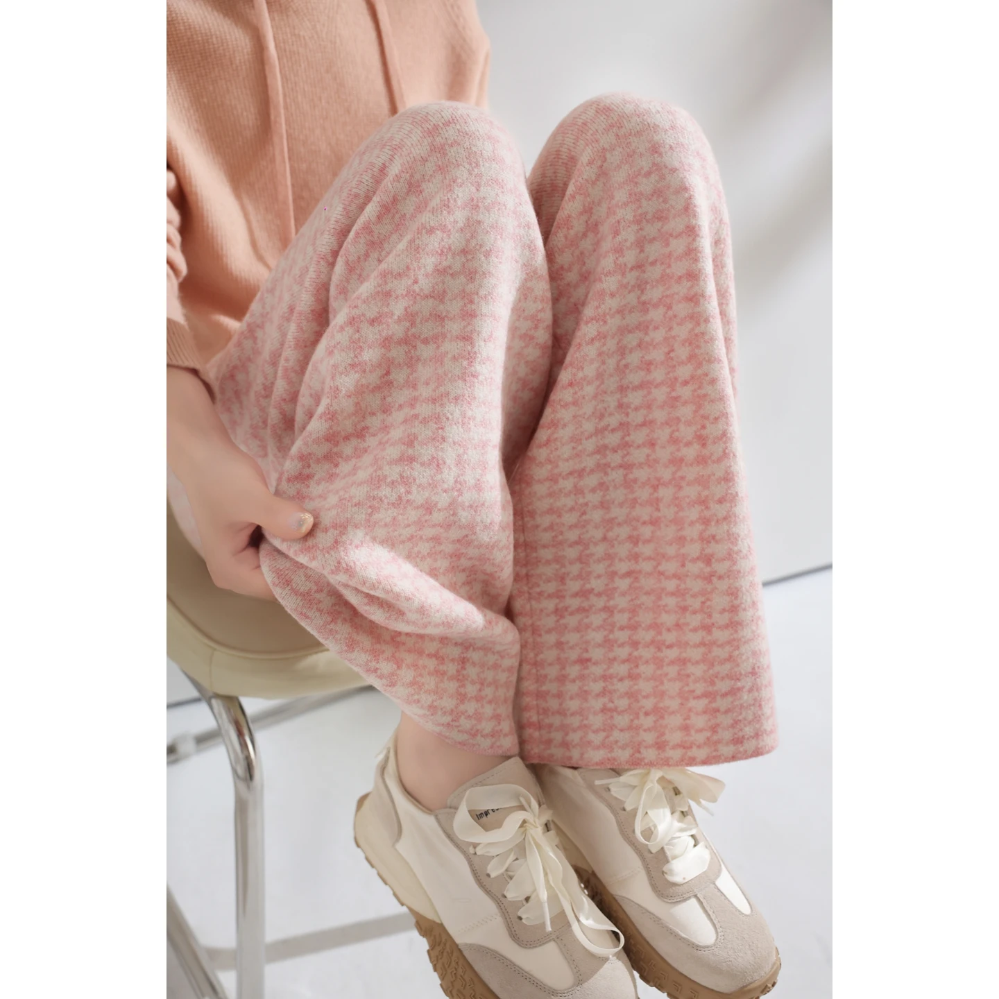 Women Wool Wide Leg Pants Elastic Waist Houndstooth Pattern Trousers Autumn Winter 100% Merino Wool Trousers Knit Soft Warm Pant