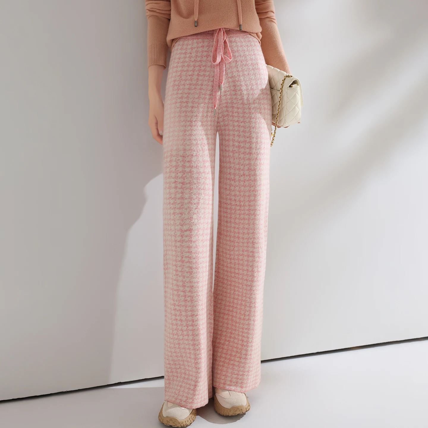 Women Wool Wide Leg Pants Elastic Waist Houndstooth Pattern Trousers Autumn Winter 100% Merino Wool Trousers Knit Soft Warm Pant