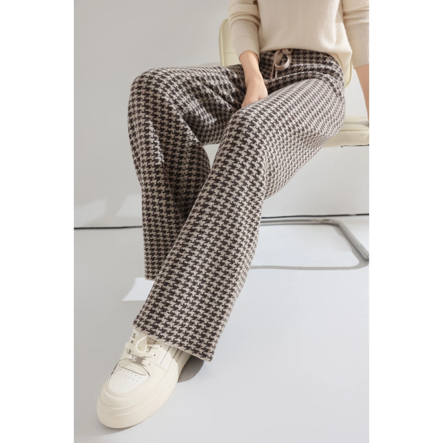 Women Wool Wide Leg Pants Elastic Waist Houndstooth Pattern Trousers Autumn Winter 100% Merino Wool Trousers Knit Soft Warm Pant