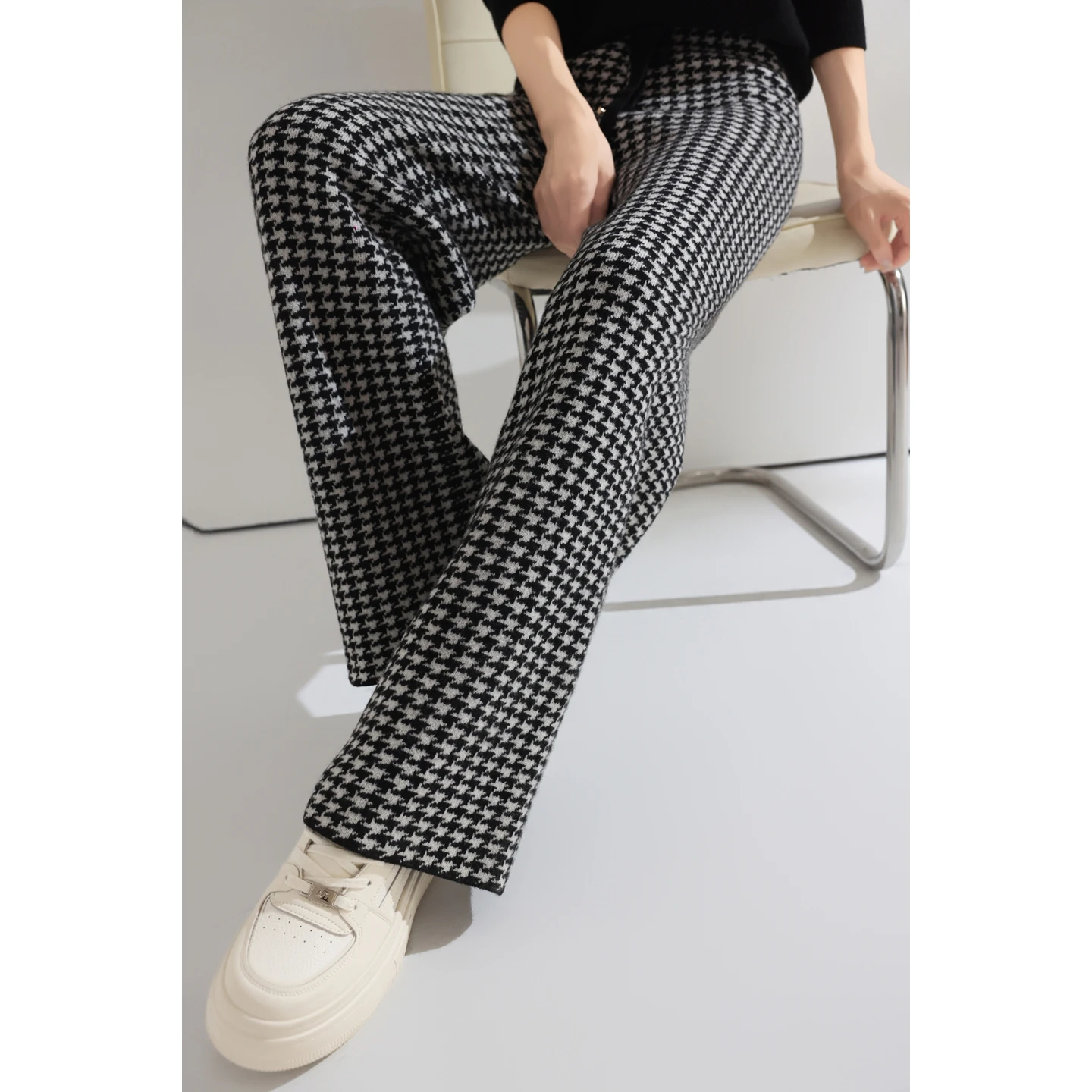Women Wool Wide Leg Pants Elastic Waist Houndstooth Pattern Trousers Autumn Winter 100% Merino Wool Trousers Knit Soft Warm Pant