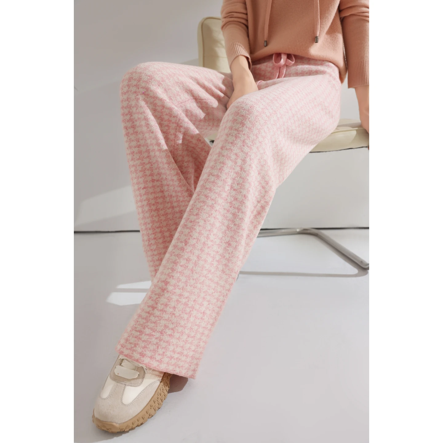 Women Wool Wide Leg Pants Elastic Waist Houndstooth Pattern Trousers Autumn Winter 100% Merino Wool Trousers Knit Soft Warm Pant