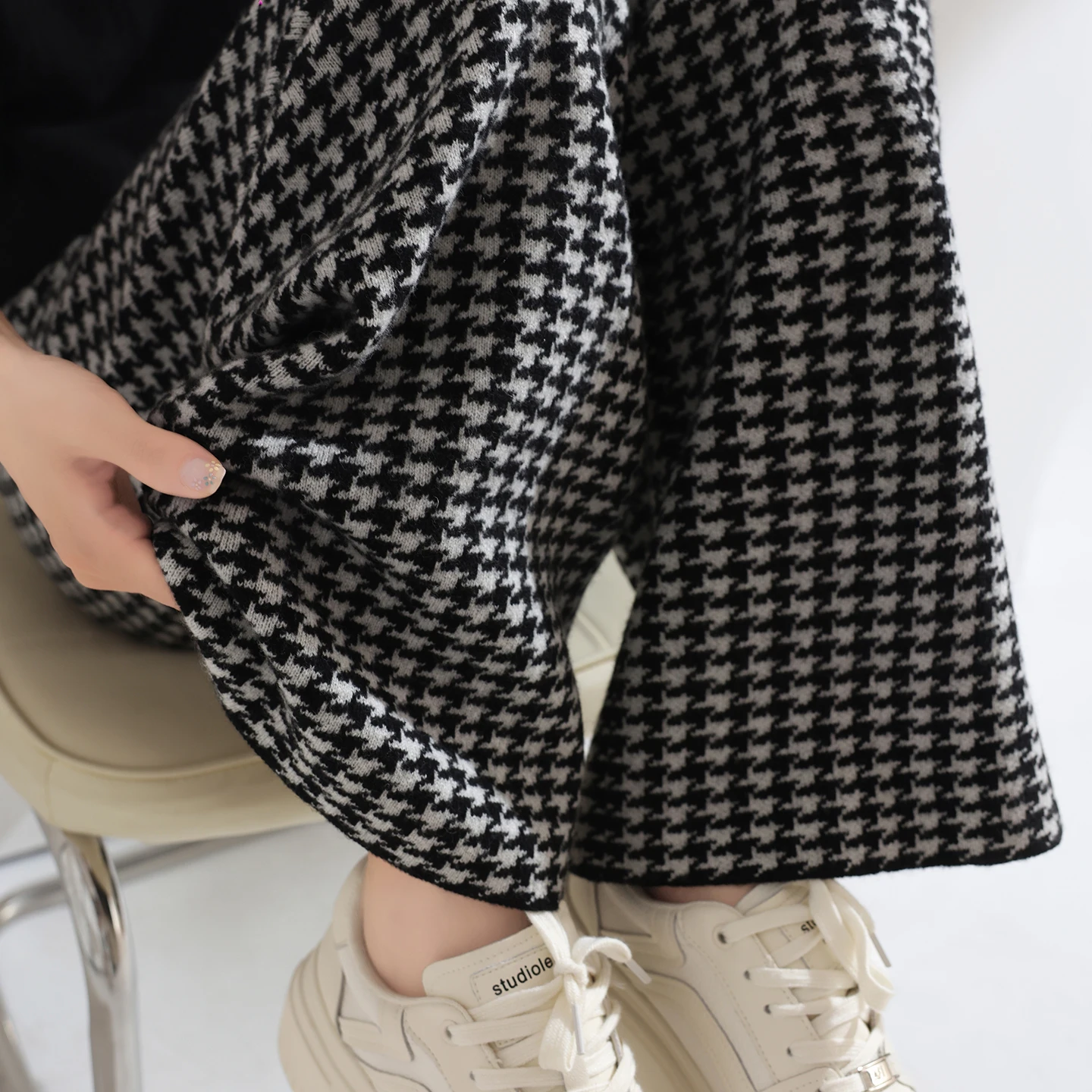 Women Wool Wide Leg Pants Elastic Waist Houndstooth Pattern Trousers Autumn Winter 100% Merino Wool Trousers Knit Soft Warm Pant