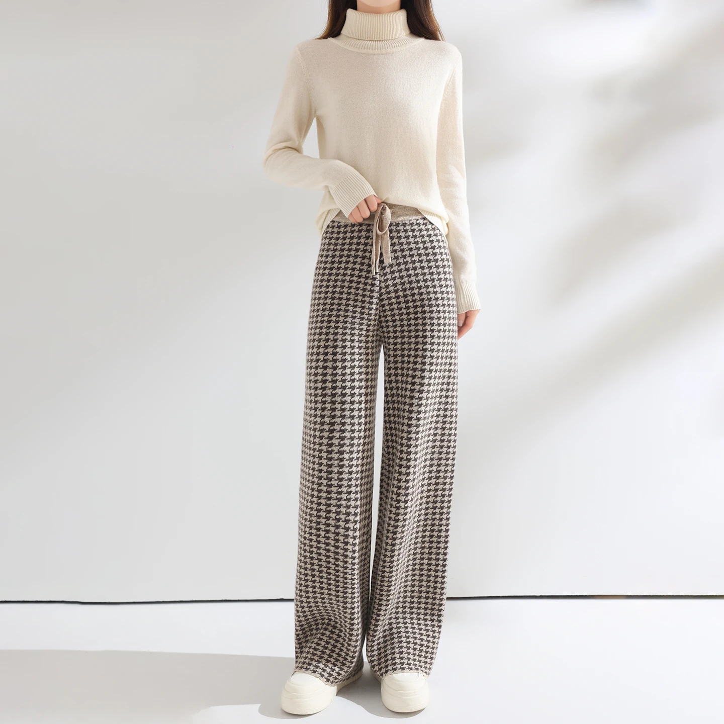 Women Wool Wide Leg Pants Elastic Waist Houndstooth Pattern Trousers Autumn Winter 100% Merino Wool Trousers Knit Soft Warm Pant