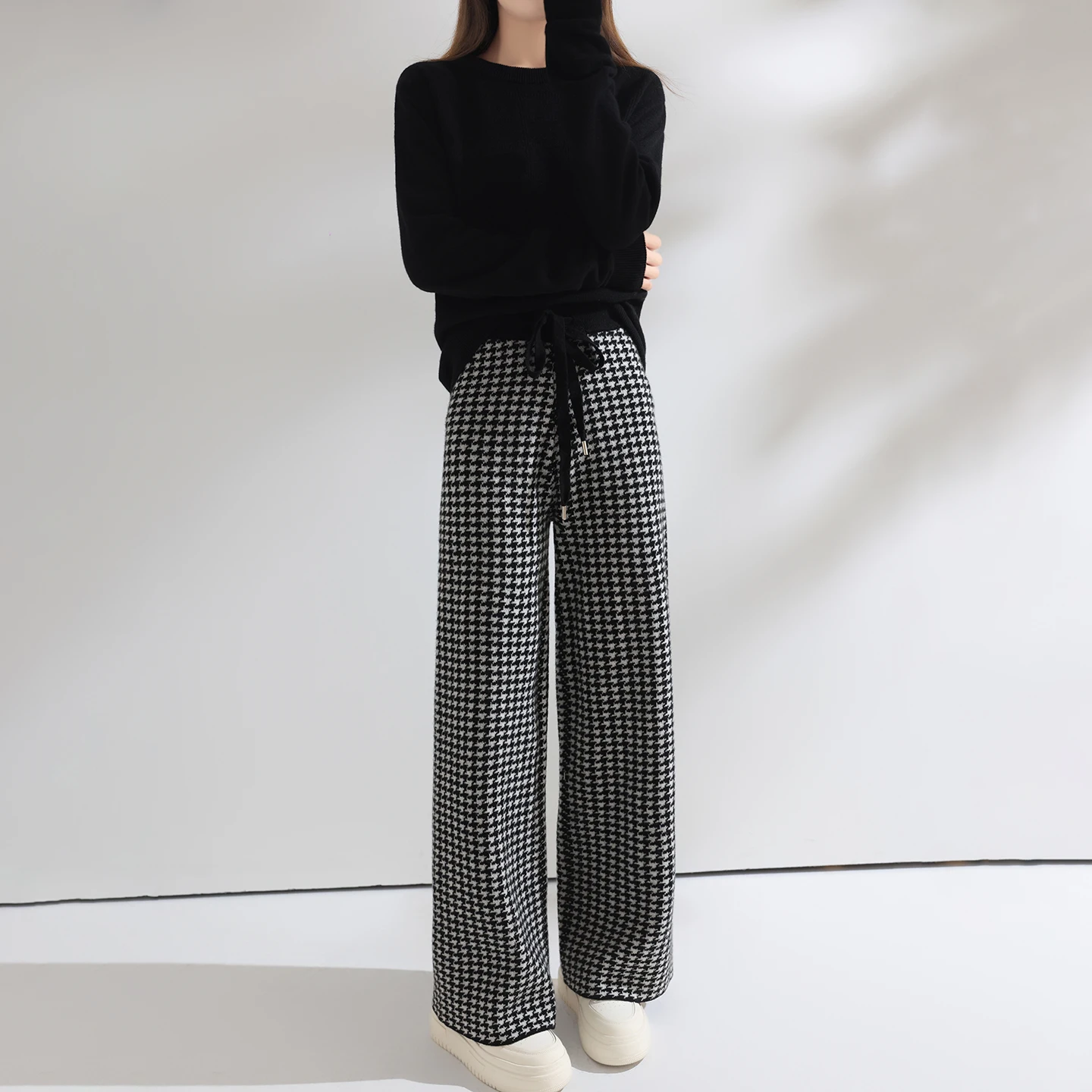 Women Wool Wide Leg Pants Elastic Waist Houndstooth Pattern Trousers Autumn Winter 100% Merino Wool Trousers Knit Soft Warm Pant