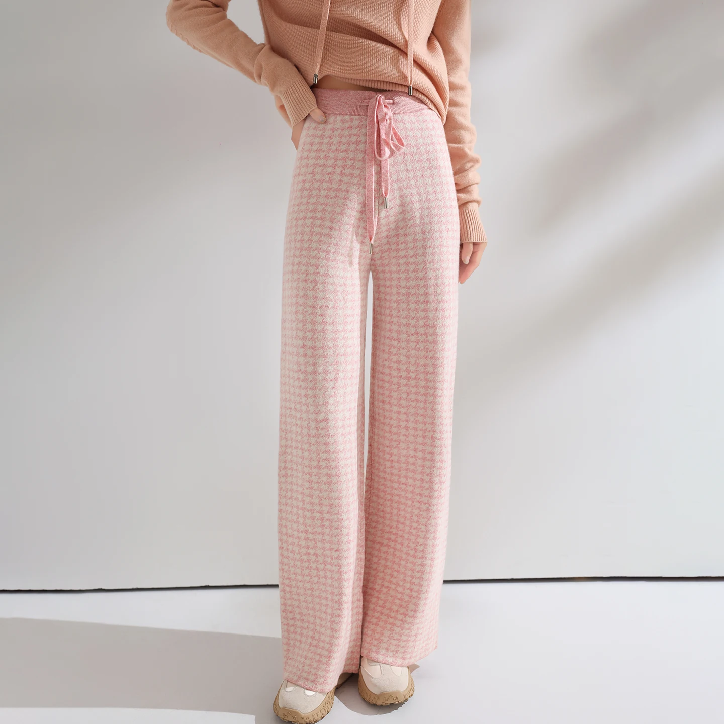Women Wool Wide Leg Pants Elastic Waist Houndstooth Pattern Trousers Autumn Winter 100% Merino Wool Trousers Knit Soft Warm Pant