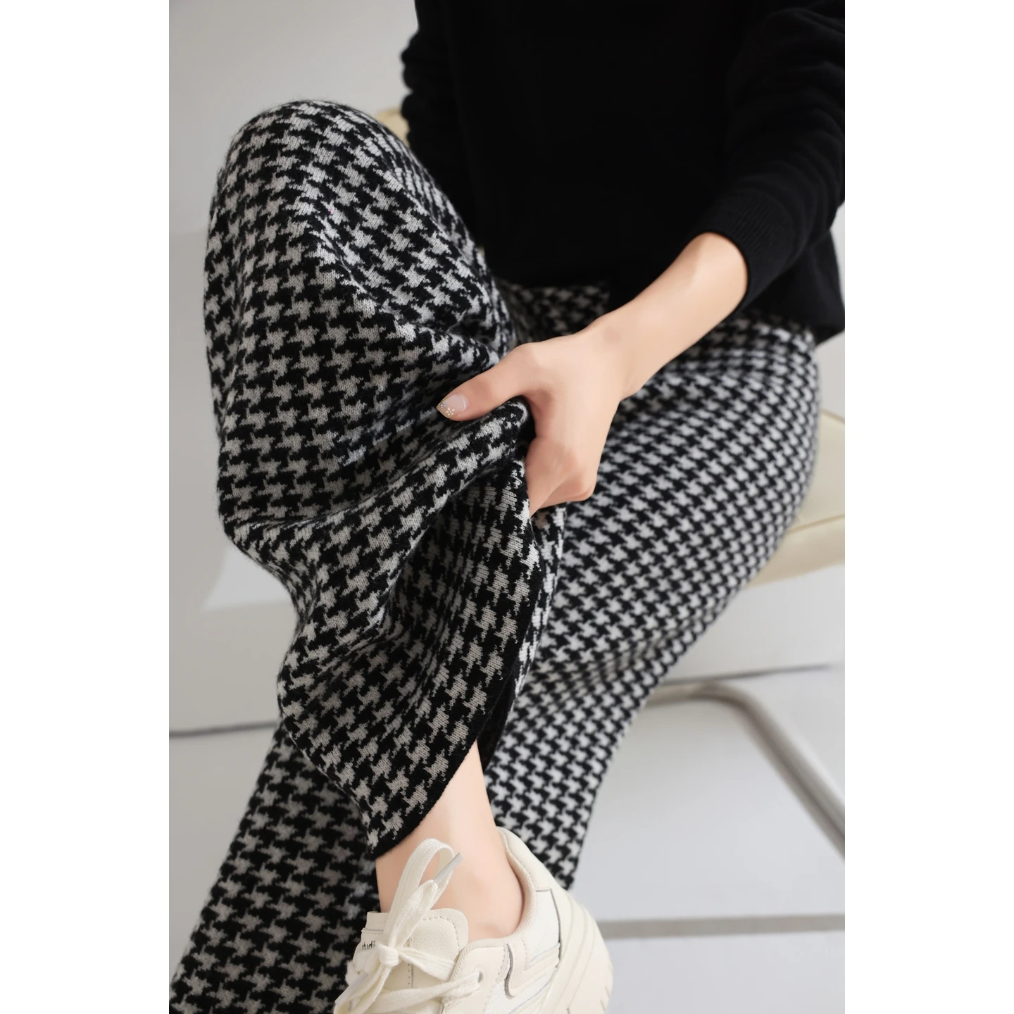 Women Wool Wide Leg Pants Elastic Waist Houndstooth Pattern Trousers Autumn Winter 100% Merino Wool Trousers Knit Soft Warm Pant
