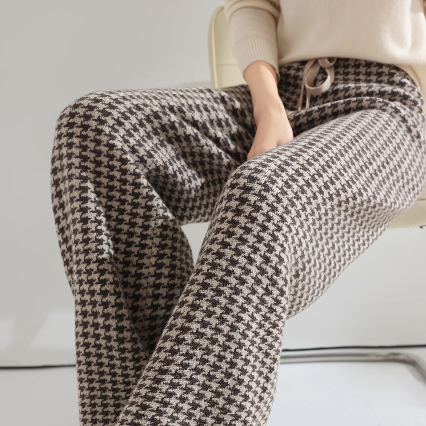Women Wool Wide Leg Pants Elastic Waist Houndstooth Pattern Trousers Autumn Winter 100% Merino Wool Trousers Knit Soft Warm Pant