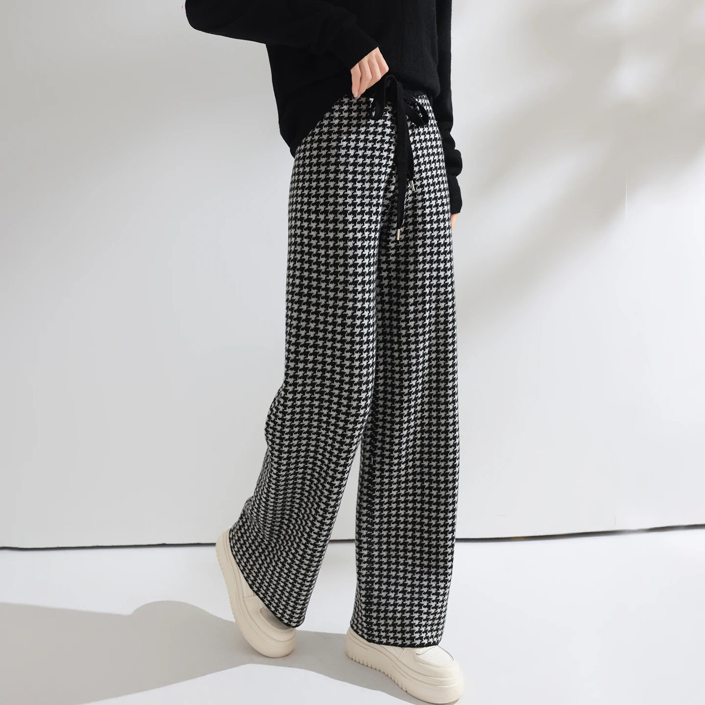 Women Wool Wide Leg Pants Elastic Waist Houndstooth Pattern Trousers Autumn Winter 100% Merino Wool Trousers Knit Soft Warm Pant