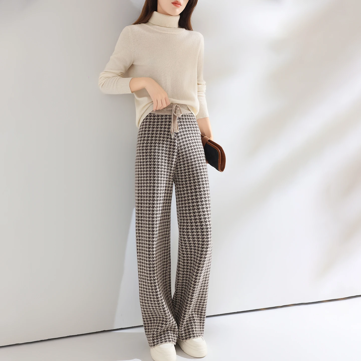 Women Wool Wide Leg Pants Elastic Waist Houndstooth Pattern Trousers Autumn Winter 100% Merino Wool Trousers Knit Soft Warm Pant