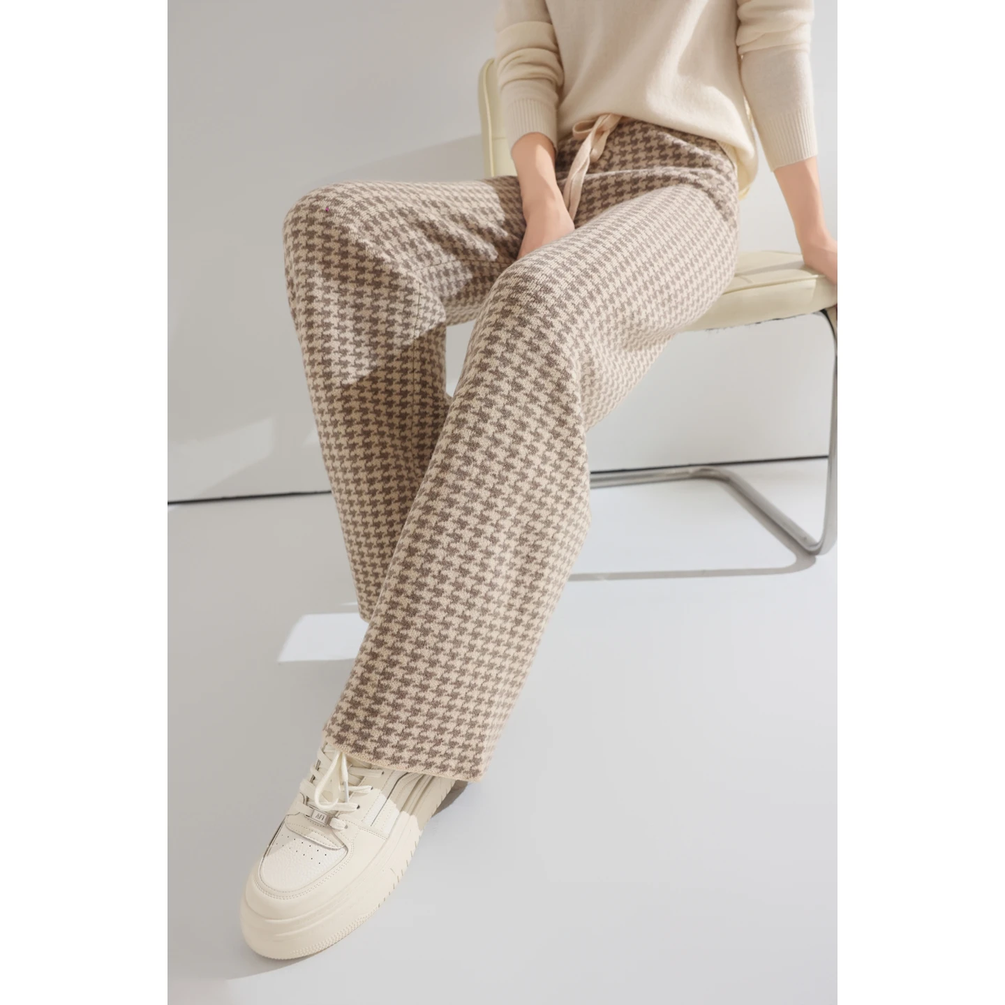 Women Wool Wide Leg Pants Elastic Waist Houndstooth Pattern Trousers Autumn Winter 100% Merino Wool Trousers Knit Soft Warm Pant
