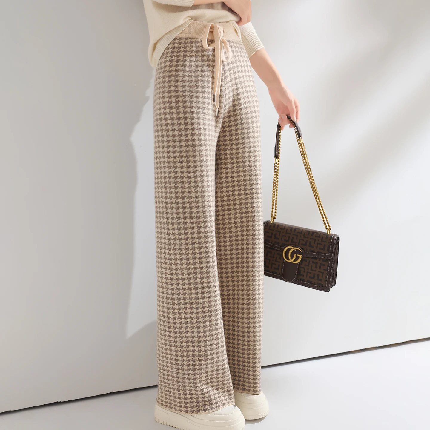 Women Wool Wide Leg Pants Elastic Waist Houndstooth Pattern Trousers Autumn Winter 100% Merino Wool Trousers Knit Soft Warm Pant