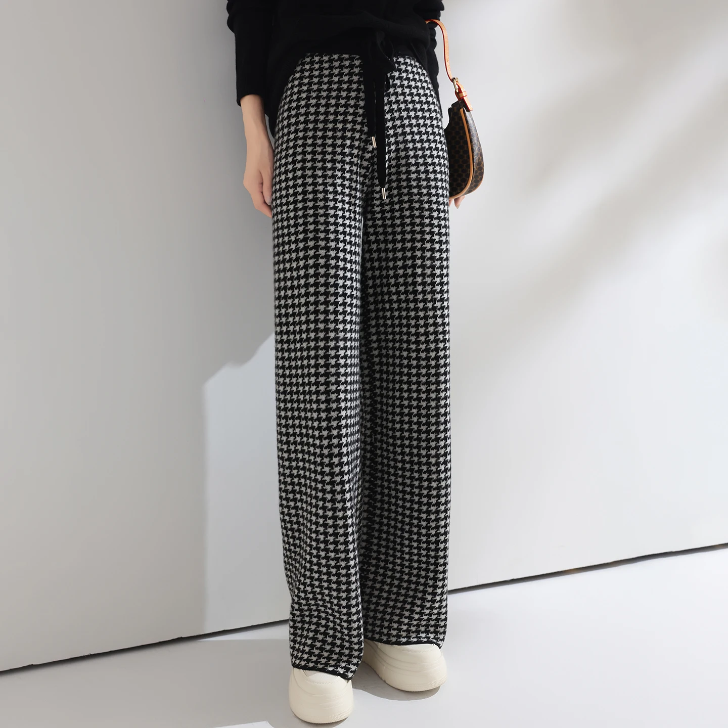 Women Wool Wide Leg Pants Elastic Waist Houndstooth Pattern Trousers Autumn Winter 100% Merino Wool Trousers Knit Soft Warm Pant