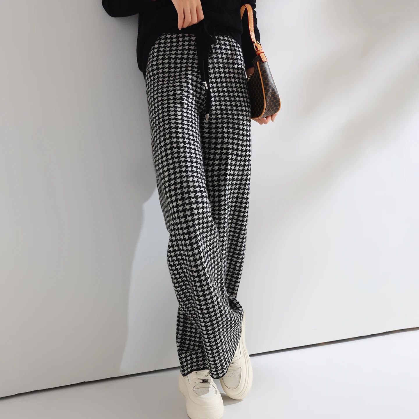 Women Wool Wide Leg Pants Elastic Waist Houndstooth Pattern Trousers Autumn Winter 100% Merino Wool Trousers Knit Soft Warm Pant