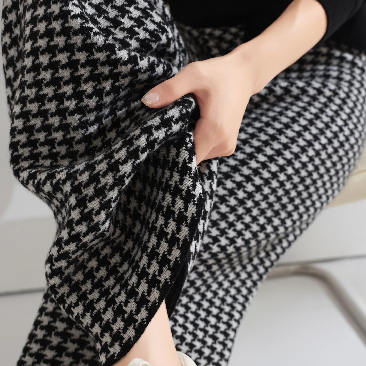 Women Wool Wide Leg Pants Elastic Waist Houndstooth Pattern Trousers Autumn Winter 100% Merino Wool Trousers Knit Soft Warm Pant