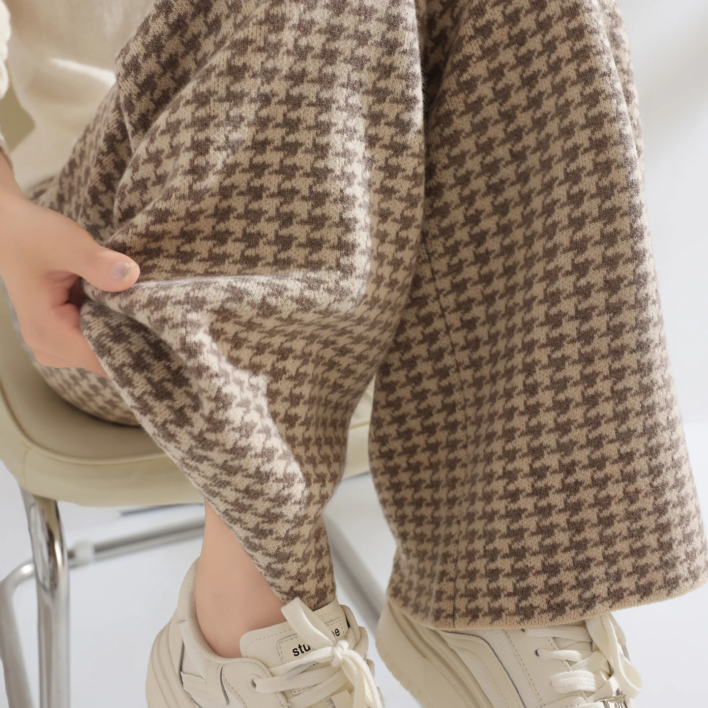 Women Wool Wide Leg Pants Elastic Waist Houndstooth Pattern Trousers Autumn Winter 100% Merino Wool Trousers Knit Soft Warm Pant