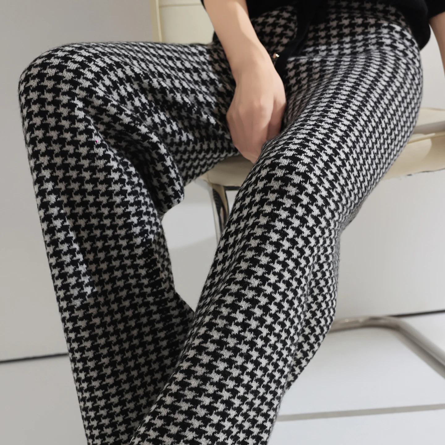 Women Wool Wide Leg Pants Elastic Waist Houndstooth Pattern Trousers Autumn Winter 100% Merino Wool Trousers Knit Soft Warm Pant