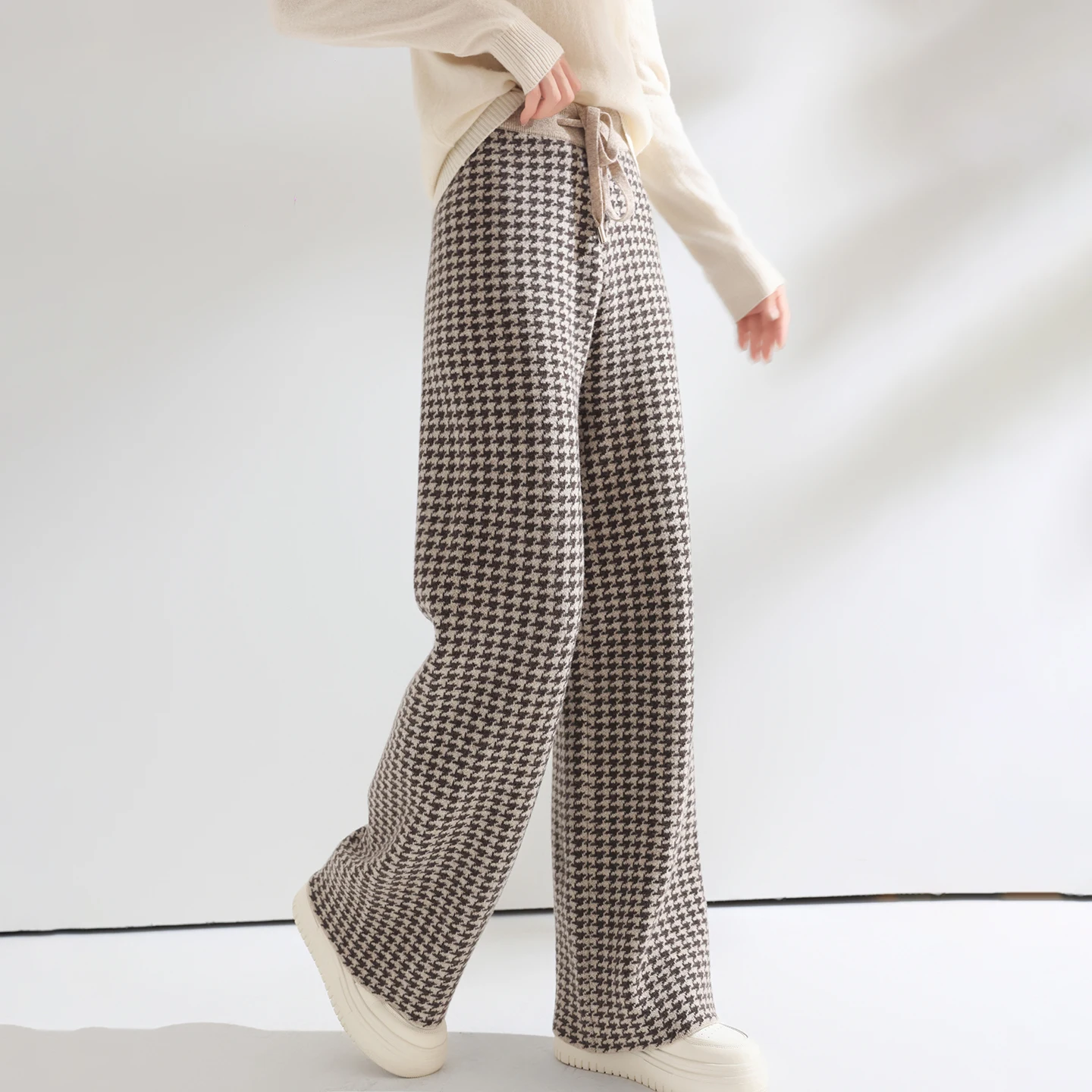 Women Wool Wide Leg Pants Elastic Waist Houndstooth Pattern Trousers Autumn Winter 100% Merino Wool Trousers Knit Soft Warm Pant