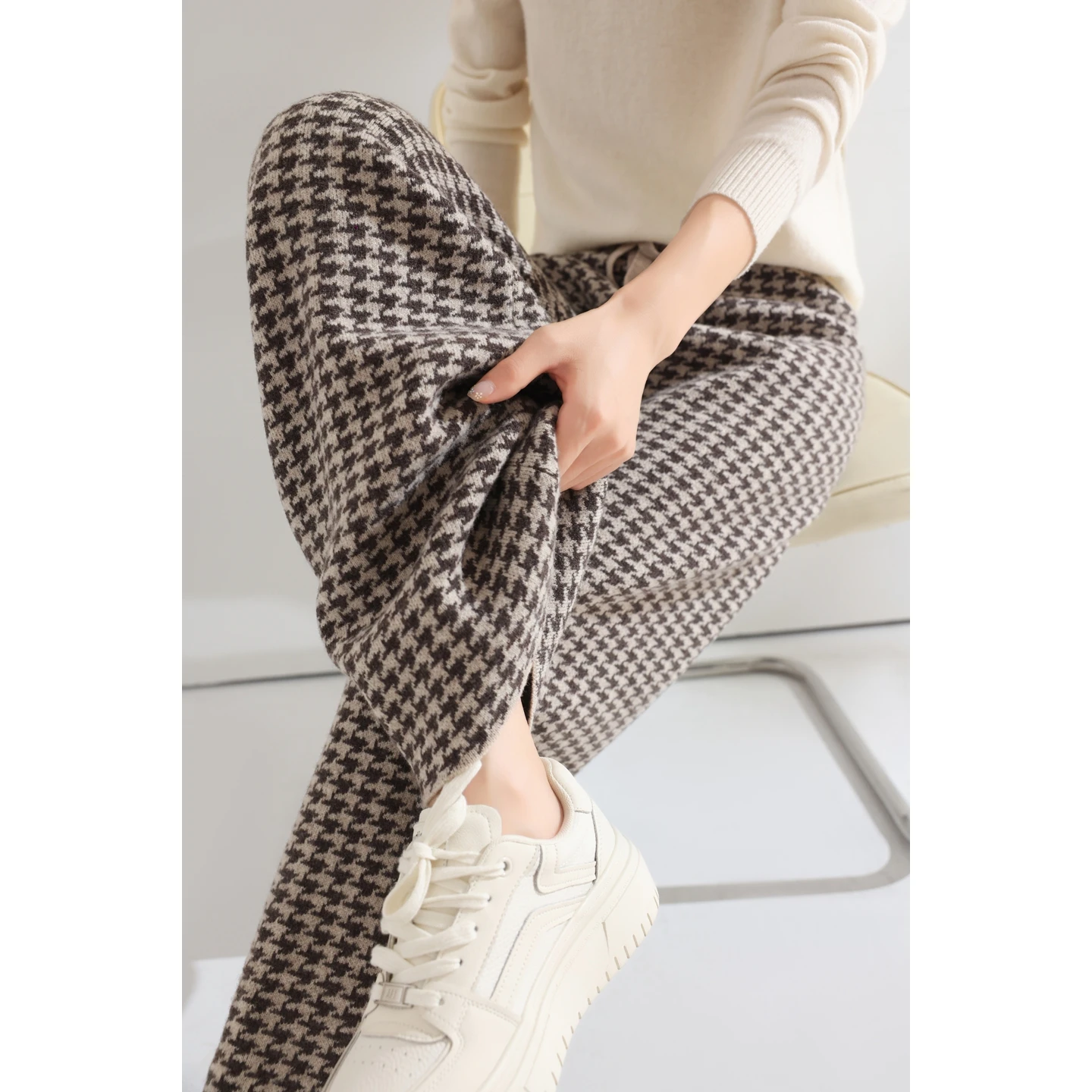 Women Wool Wide Leg Pants Elastic Waist Houndstooth Pattern Trousers Autumn Winter 100% Merino Wool Trousers Knit Soft Warm Pant