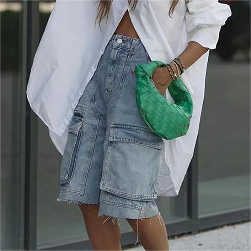 Krisstargirl 2025 New Fashion Women Jean Pants Bottoms Summer Blue Bottoms Pockets Split-joint Cropped Trousers for Female