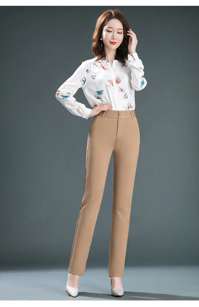 2025 Spring and Autumn Khaki High Waist Straight Baggy Pants Women, Navy Middle-aged Mom Stretch Casual Trousers,Plus Size M-8XL