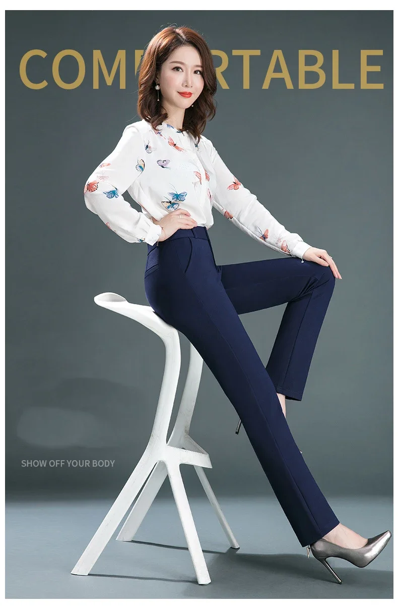 2025 Spring and Autumn Khaki High Waist Straight Baggy Pants Women, Navy Middle-aged Mom Stretch Casual Trousers,Plus Size M-8XL