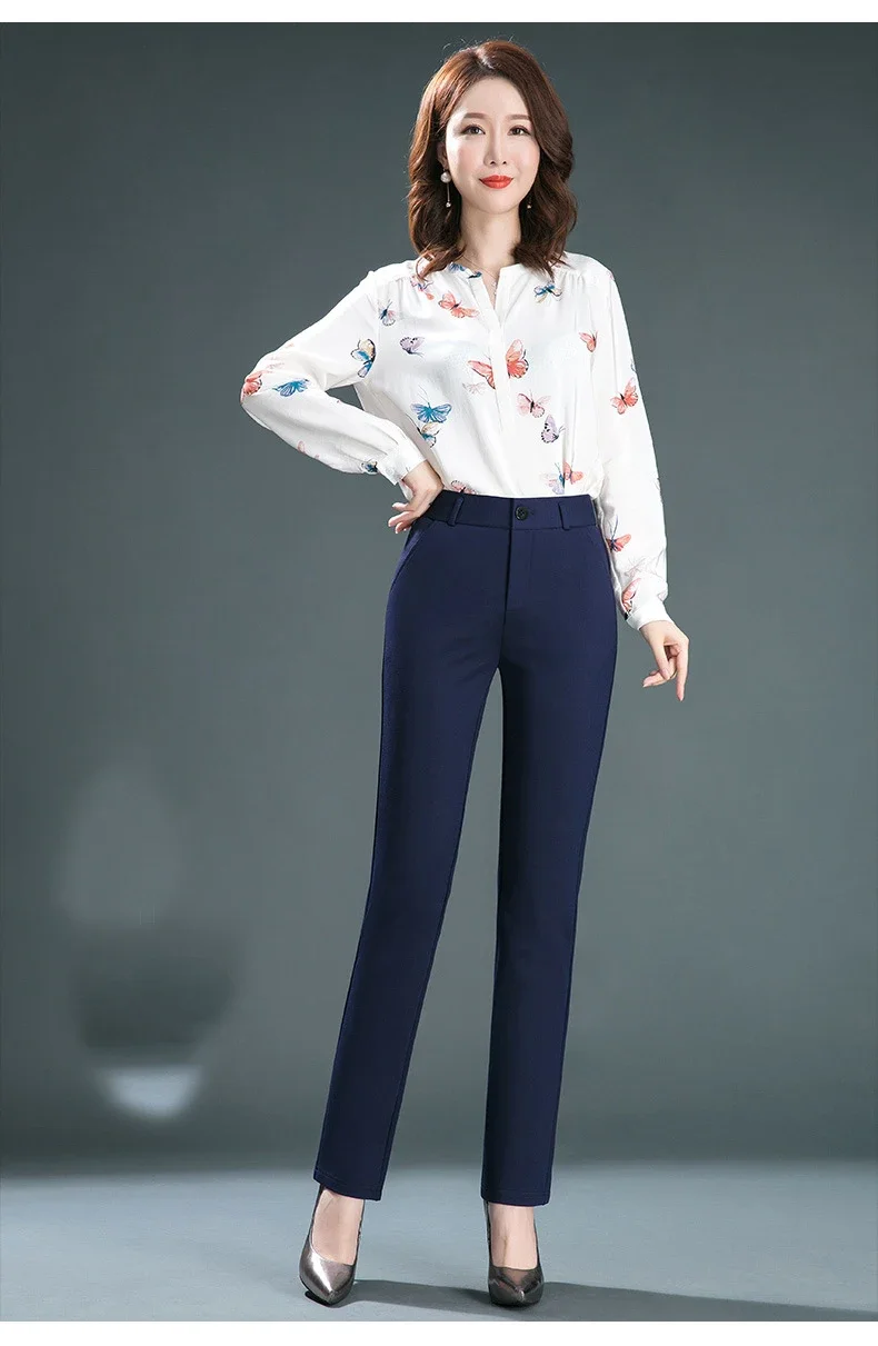 2025 Spring and Autumn Khaki High Waist Straight Baggy Pants Women, Navy Middle-aged Mom Stretch Casual Trousers,Plus Size M-8XL