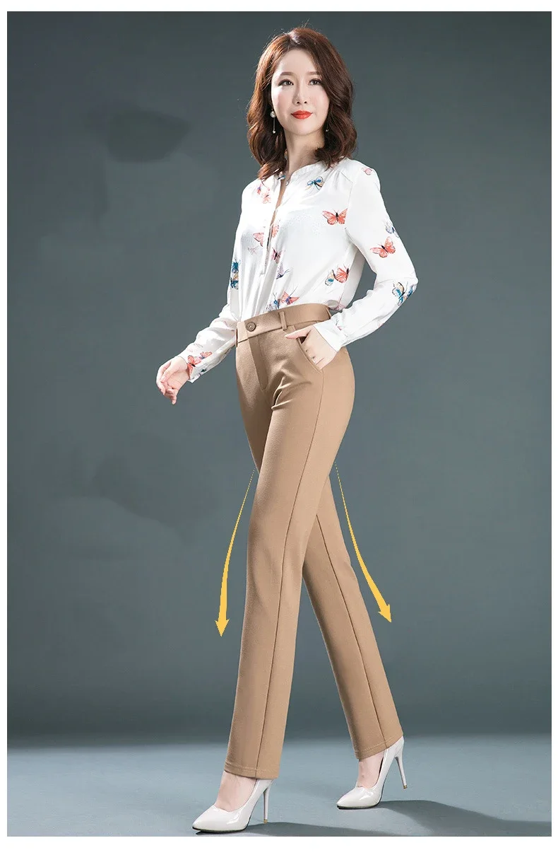 2025 Spring and Autumn Khaki High Waist Straight Baggy Pants Women, Navy Middle-aged Mom Stretch Casual Trousers,Plus Size M-8XL