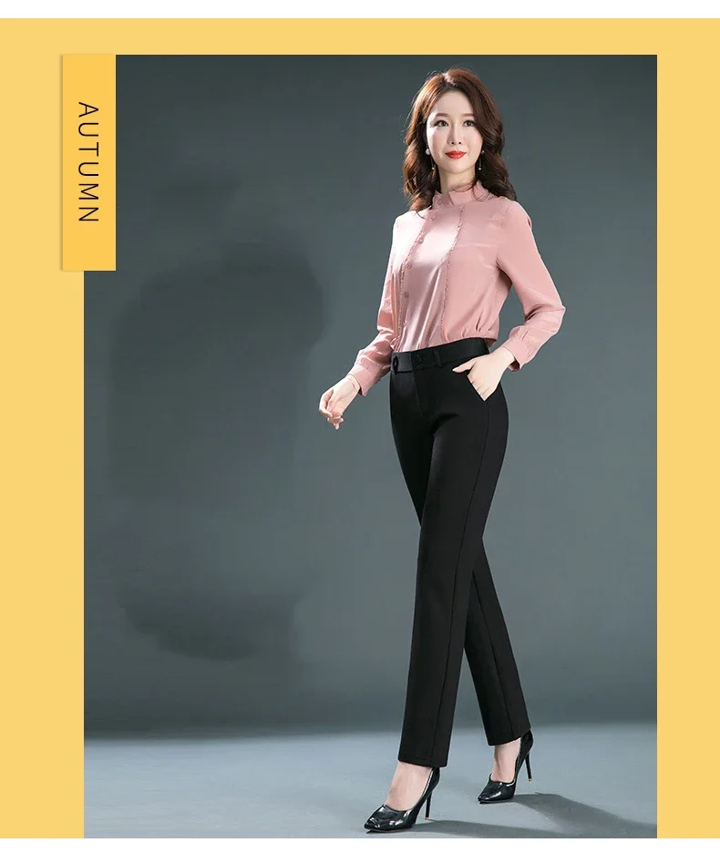 2025 Spring and Autumn Khaki High Waist Straight Baggy Pants Women, Navy Middle-aged Mom Stretch Casual Trousers,Plus Size M-8XL