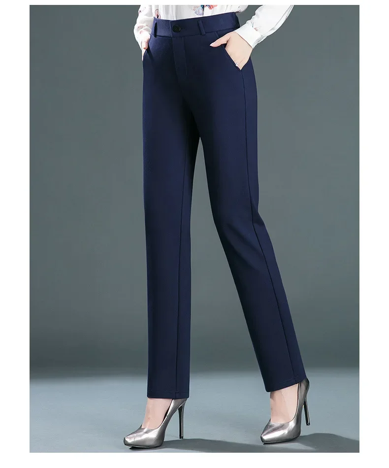 2025 Spring and Autumn Khaki High Waist Straight Baggy Pants Women, Navy Middle-aged Mom Stretch Casual Trousers,Plus Size M-8XL