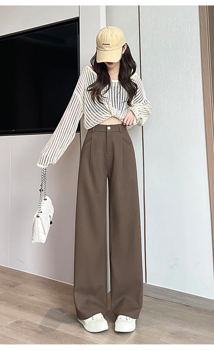 Seoulish Autumn Elegant Women's Wide Leg Pants 2024 New Korean Solid Button Casual Loose Office Full Length Trousers Female