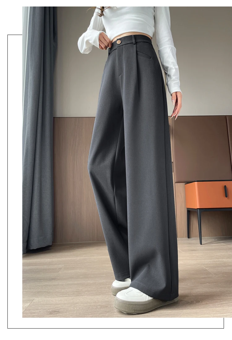 Seoulish Autumn Elegant Women's Wide Leg Pants 2024 New Korean Solid Button Casual Loose Office Full Length Trousers Female