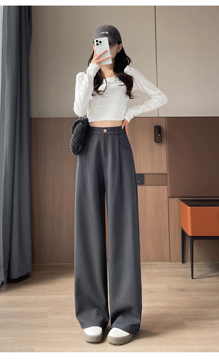 Seoulish Autumn Elegant Women's Wide Leg Pants 2024 New Korean Solid Button Casual Loose Office Full Length Trousers Female