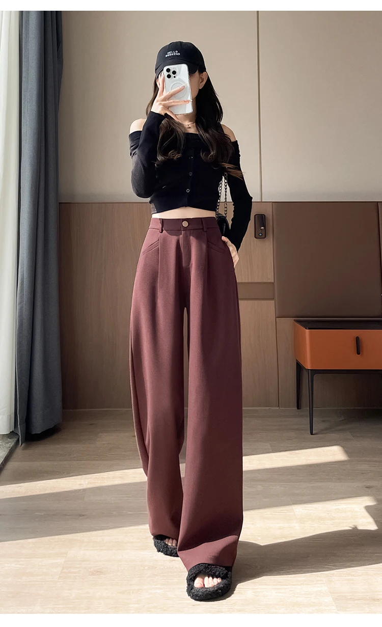 Seoulish Autumn Elegant Women's Wide Leg Pants 2024 New Korean Solid Button Casual Loose Office Full Length Trousers Female